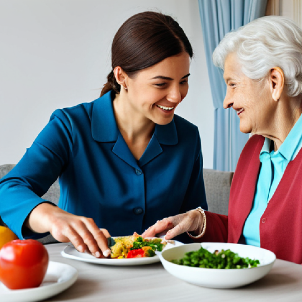 Well-being Coordinator**

A professional well-being coordinator, fully clothed in modest professional attire, assisting a senior woman in a bright and airy living room. The coordinator is gesturing towards a healthy meal on the table. The scene conveys empathy and support. "Safe for work," "appropriate content," "fully clothed," "professional," perfect anatomy, correct proportions, well-formed hands, proper finger count, natural body proportions.

**
