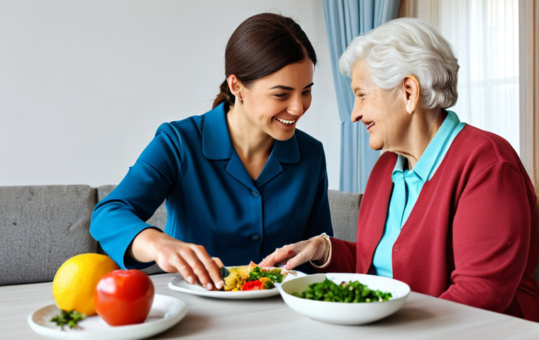 Well-being Coordinator**
A professional well-being coordinator, fully clothed in modest professional attire, assisting a senior woman in a bright and airy living room. The coordinator is gesturing towards a healthy meal on the table. The scene conveys empathy and support. "Safe for work," "appropriate content," "fully clothed," "professional," perfect anatomy, correct proportions, well-formed hands, proper finger count, natural body proportions.
**