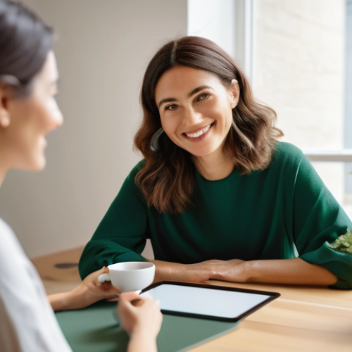 Home 2 웰빙코디네이터와 건강 컨설팅 시작하기 - A female wellness coordinator, in her early 30s with a warm, empathetic smile, sits across from a fe...